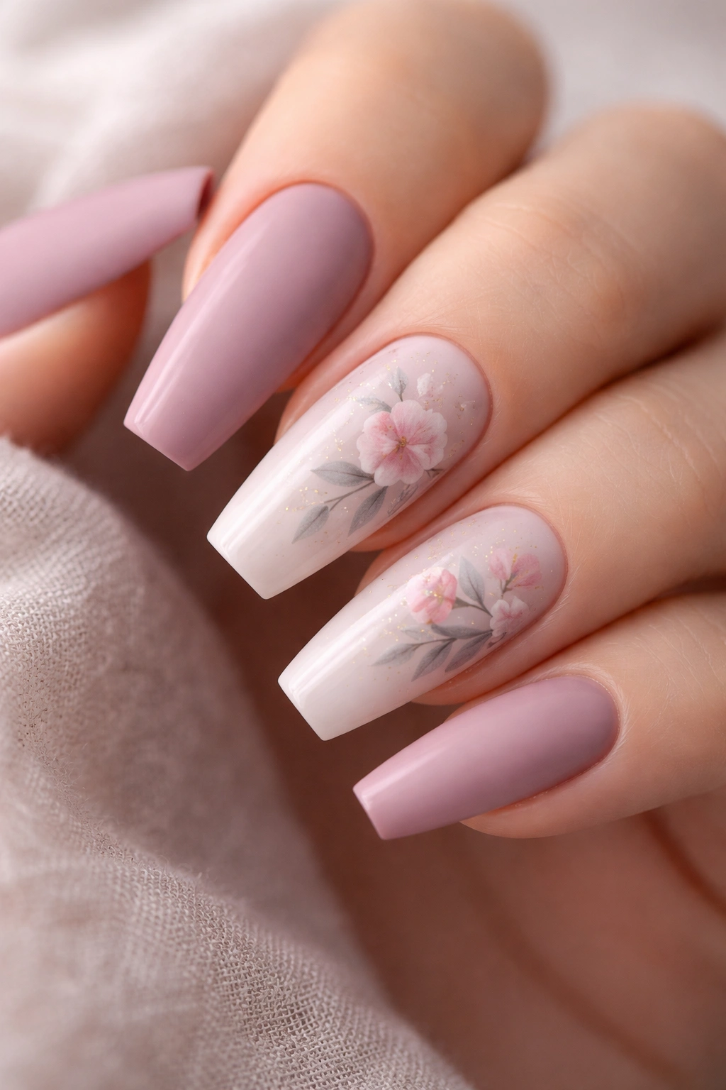 Close-up of nails with muted mauve base and small watercolor floral accents on one nail