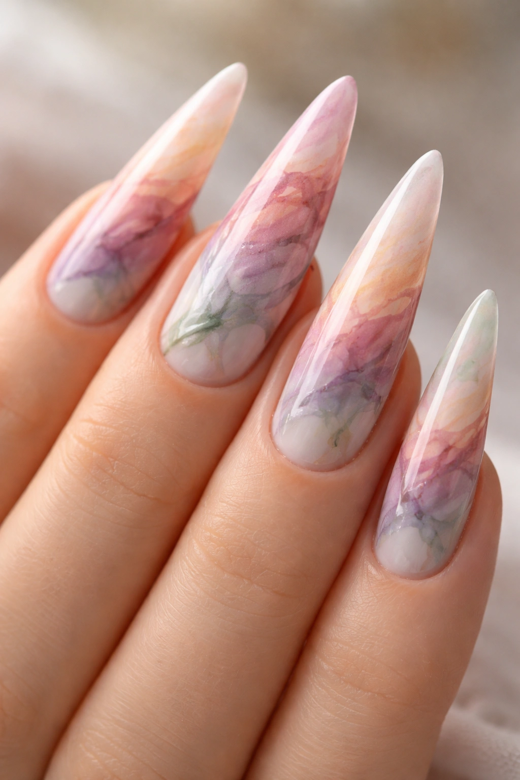 Close-up of stiletto nails with pastel watercolor swirls.