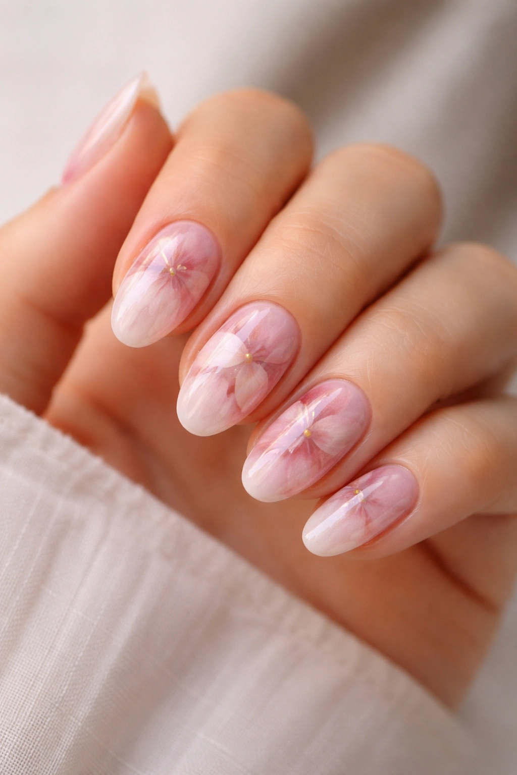 Close-up of short almond nails with watercolor blush mauve petals
