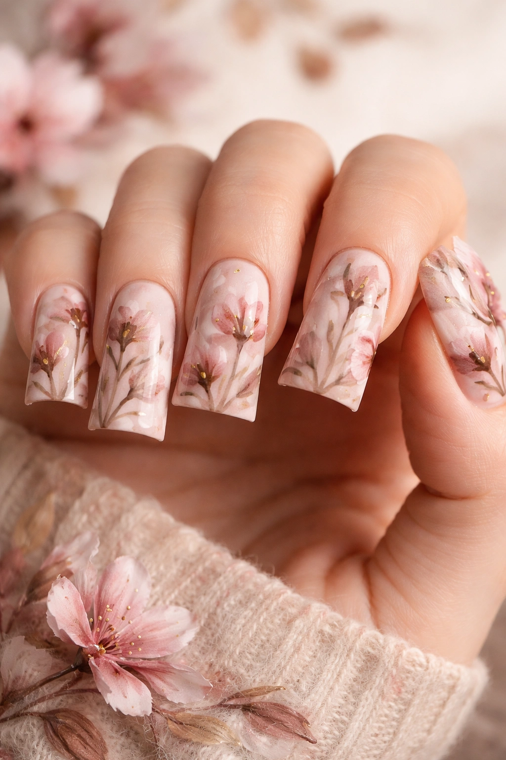 Watercolor style nails with brown stems and pink flowers on duck nails