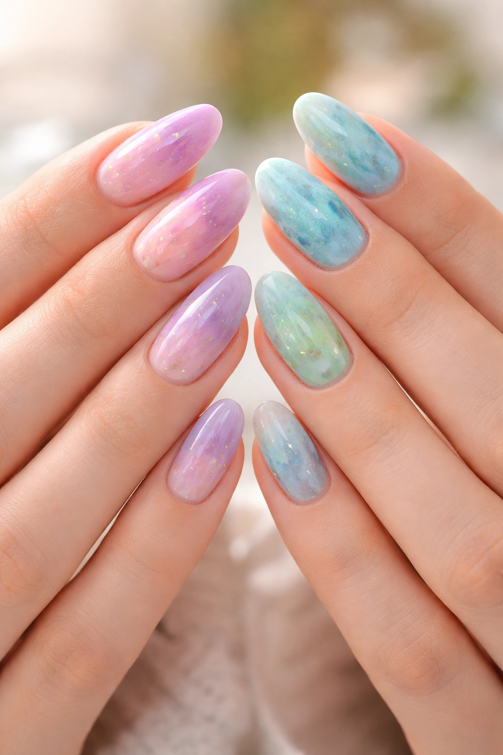 Hands with watercolor nail art in complementary gradients blending when joined.