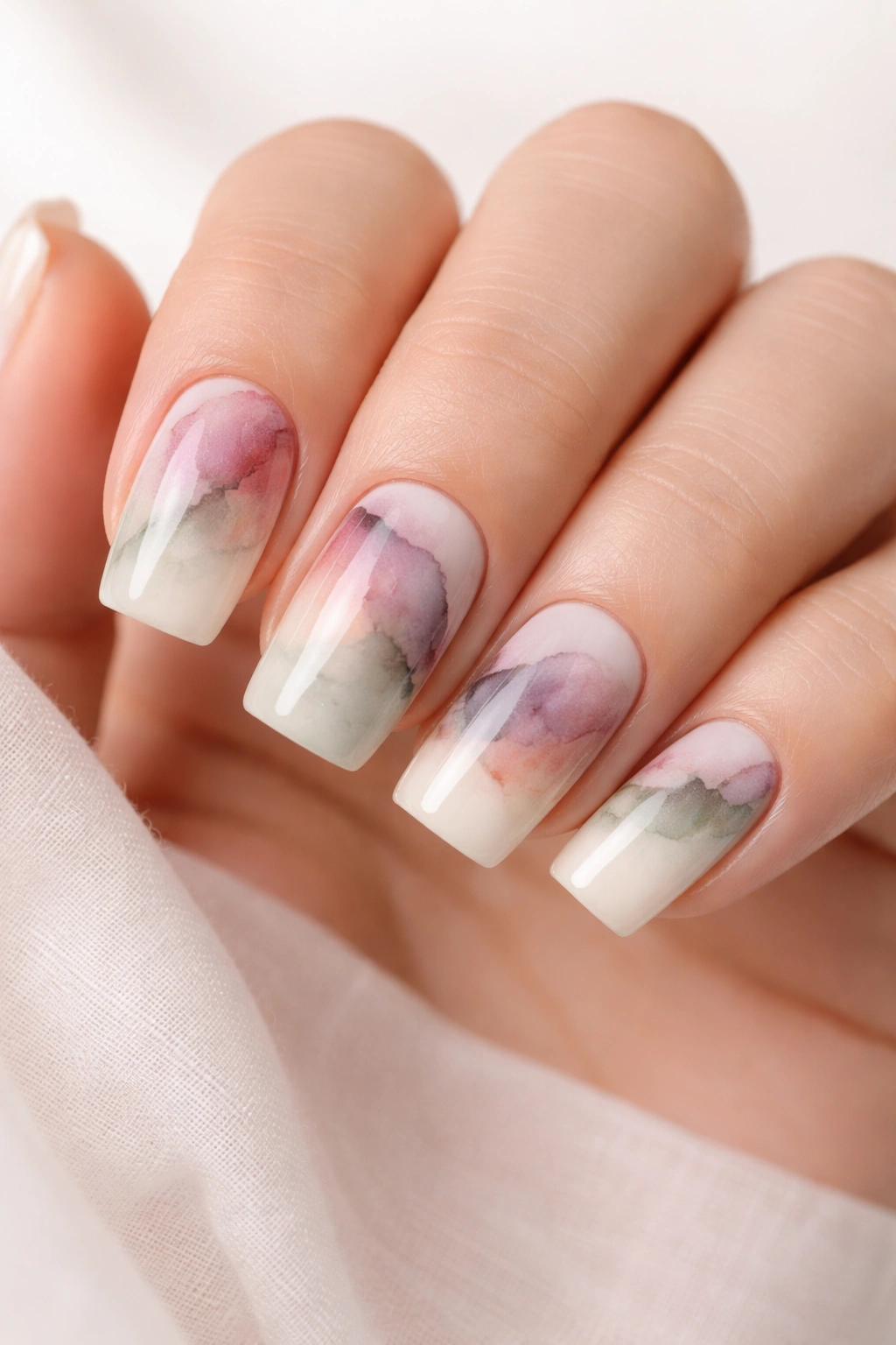Close-up of soft square nails with watercolor abstract on cream base featuring blended dusty rose, sage, and lavender tones.