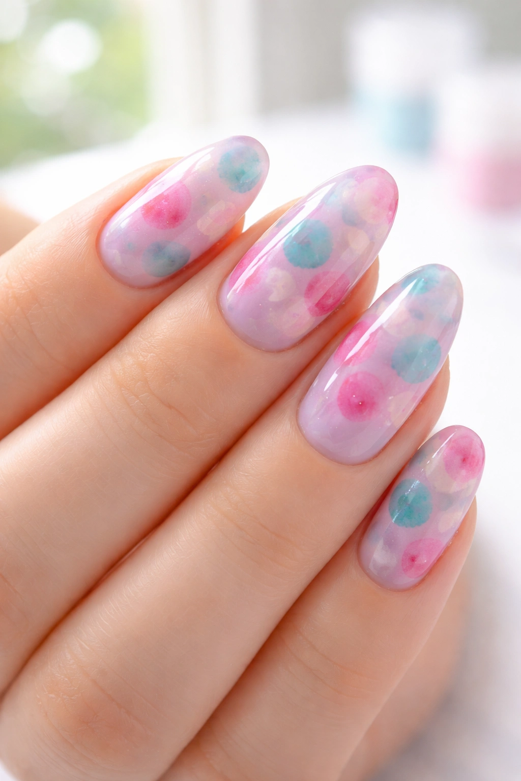 Lavender nails with watercolor-diffused dots, studio close-up