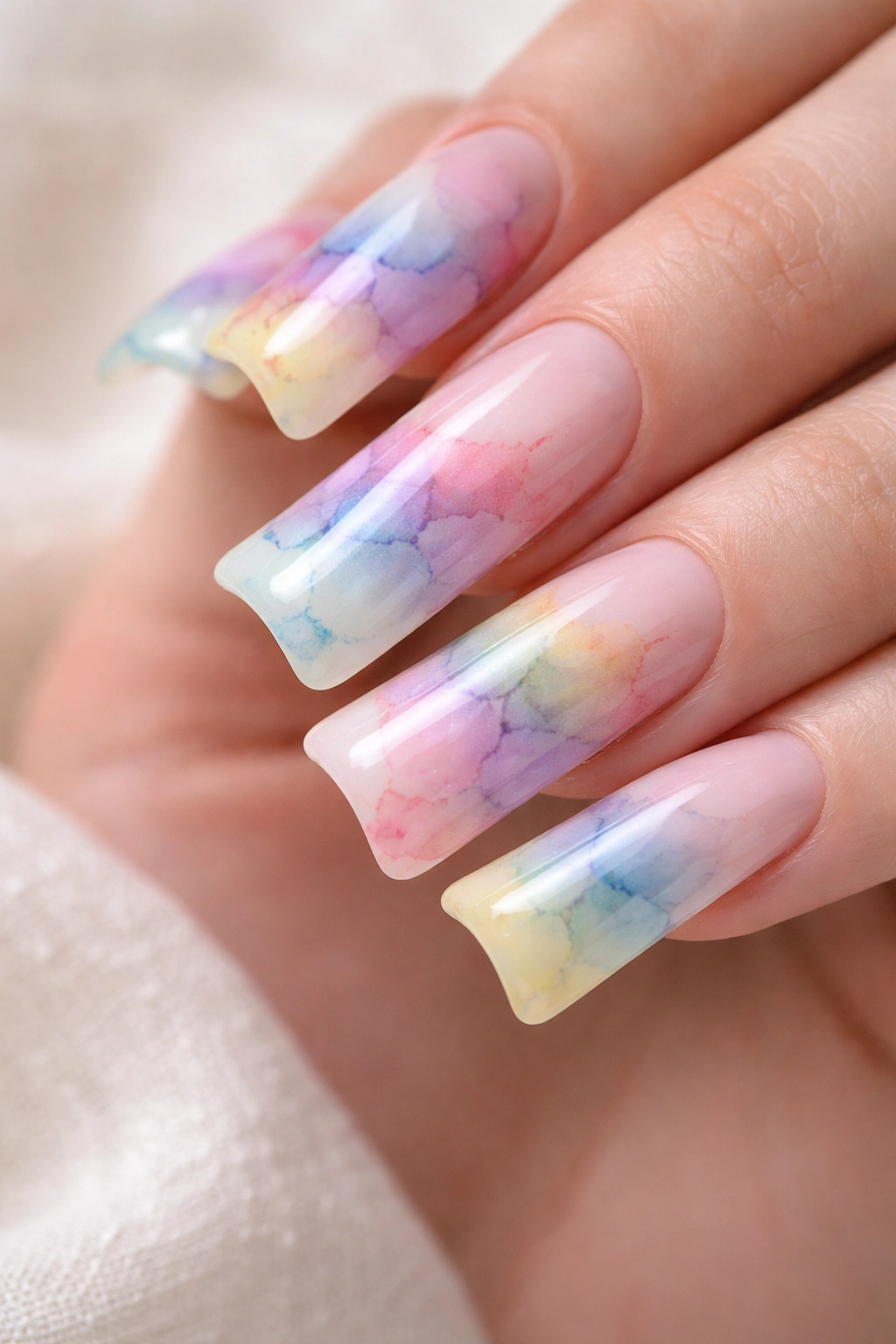 Macro shot of duck nails with soft watercolor washes blending on curved surface