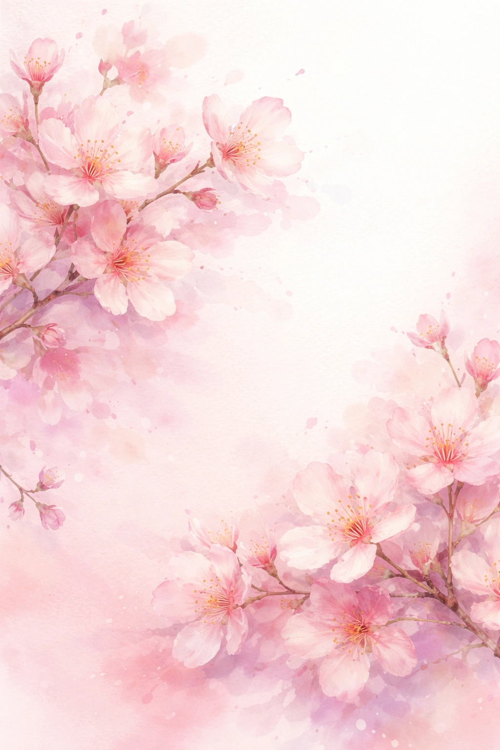 Nails featuring watercolor cherry blossoms on a soft pink gradient background.