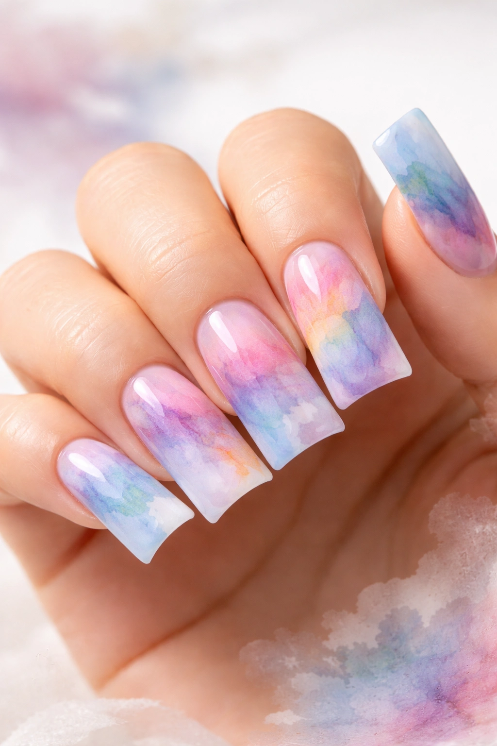 Wide duck nails with watercolor ink wash effects blending colors