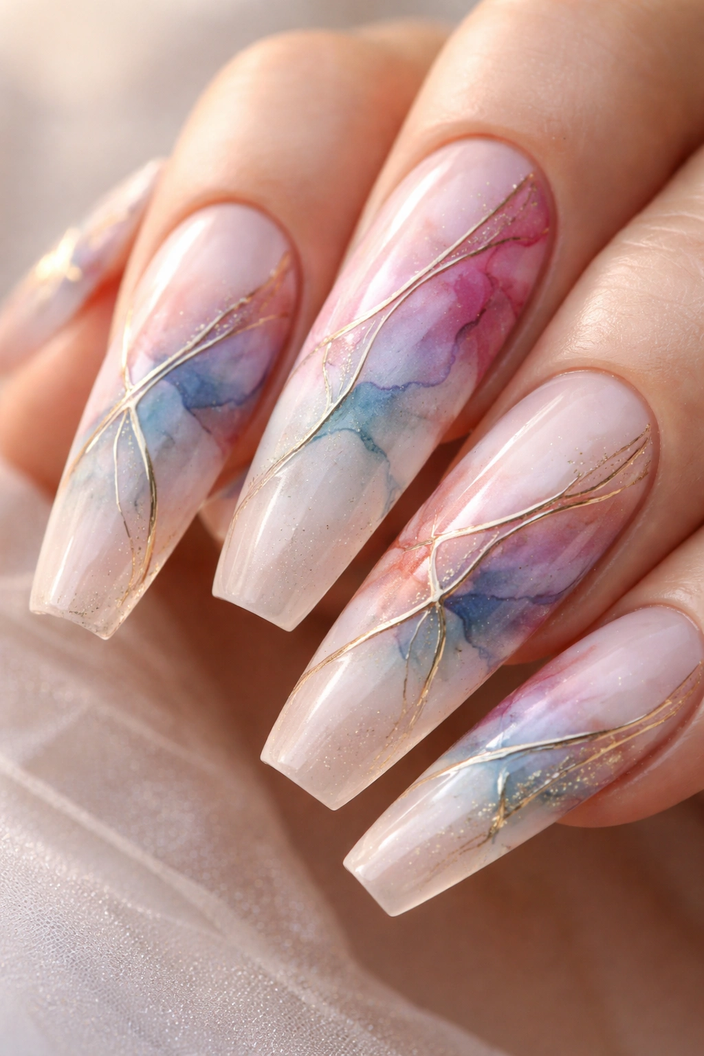 Curved coffin nail with abstract watercolor and metallic lines
