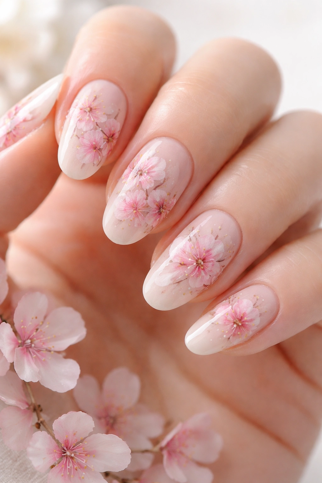 Neutral base nails with watercolor-style cherry blossoms