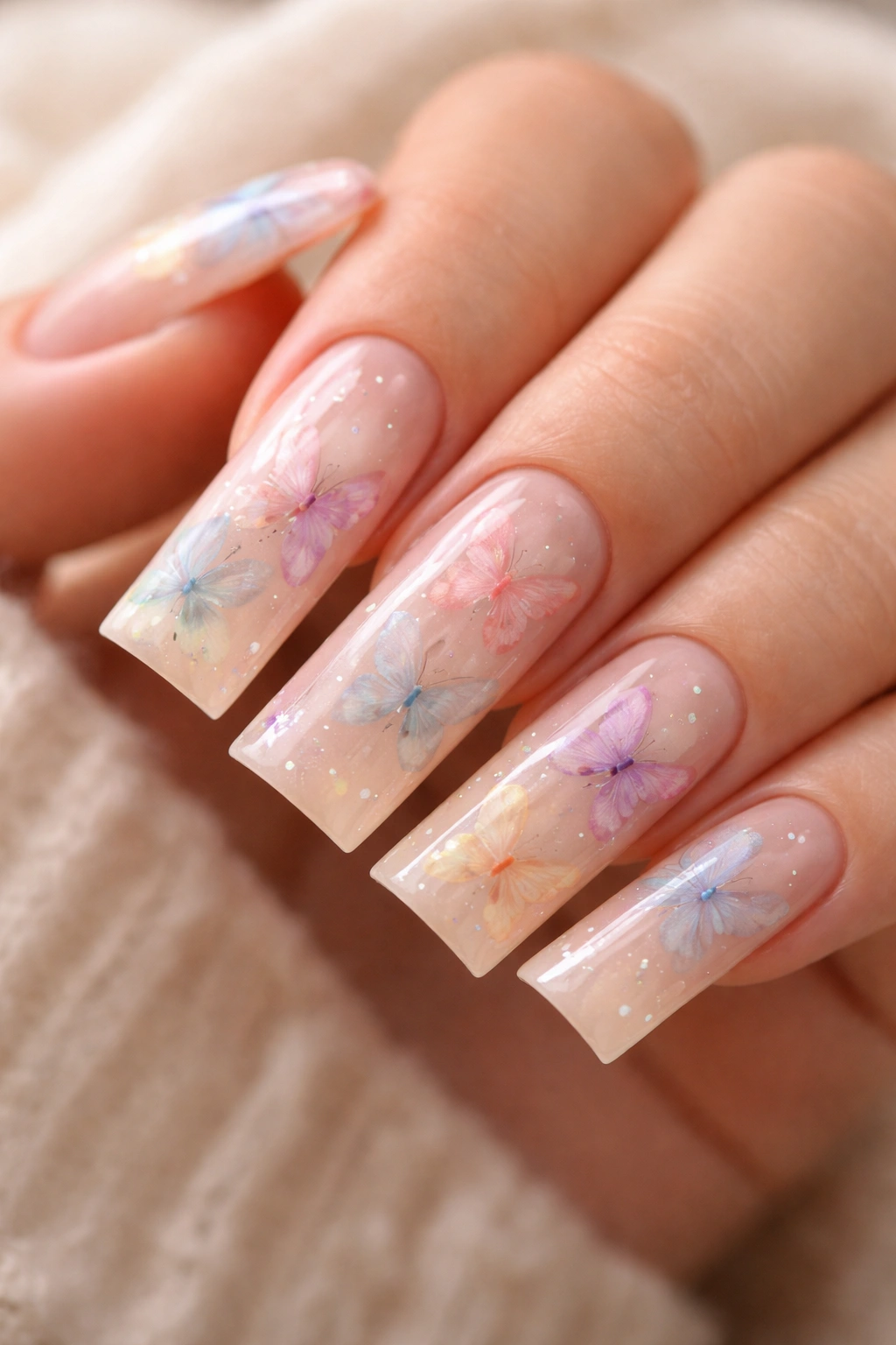 Close-up of nude duck nails with delicate watercolor butterfly silhouettes on a warm base