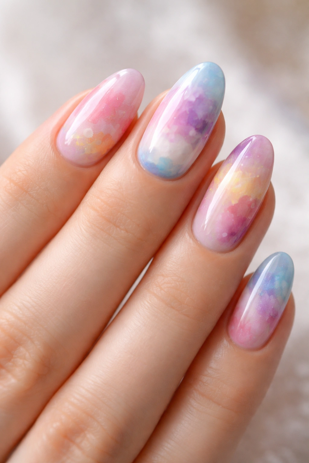 Nails with soft pastel watercolor gradient.