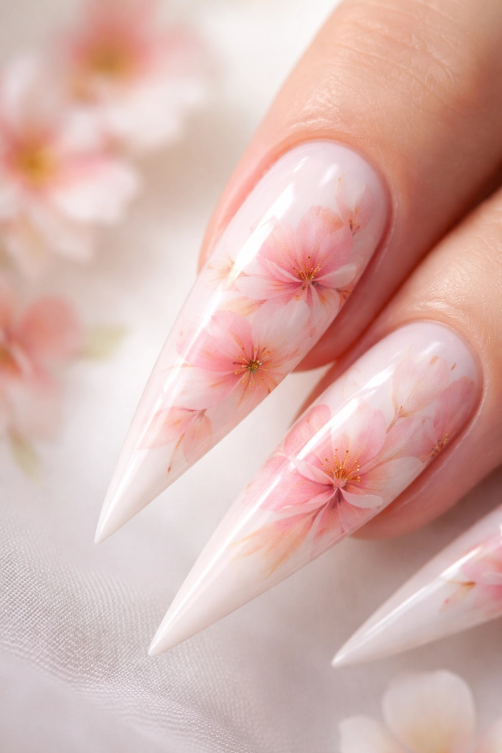Stiletto nail with soft pink and peach watercolor floral design