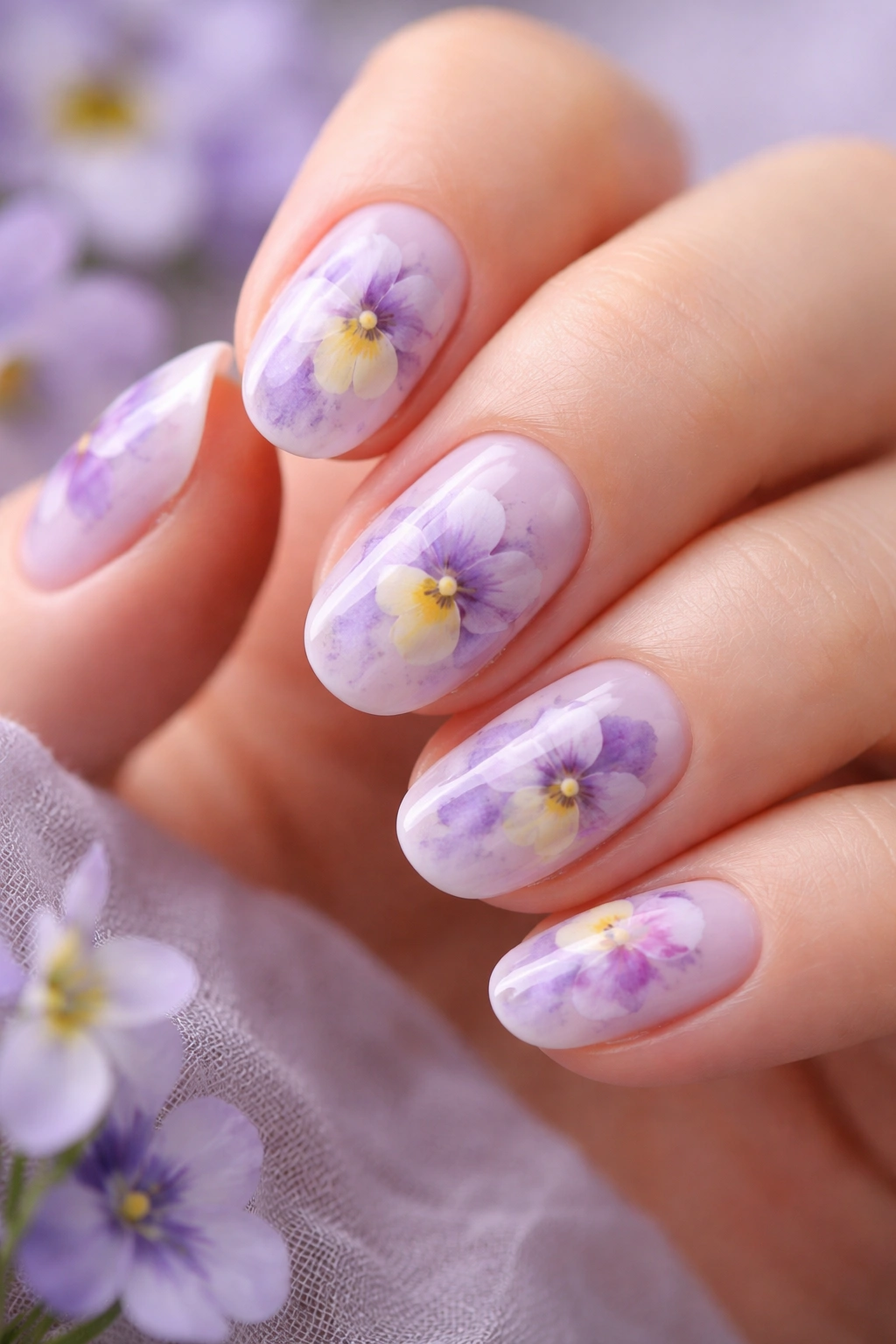 Nail with watercolor pansies on a sheer lavender base, soft edges