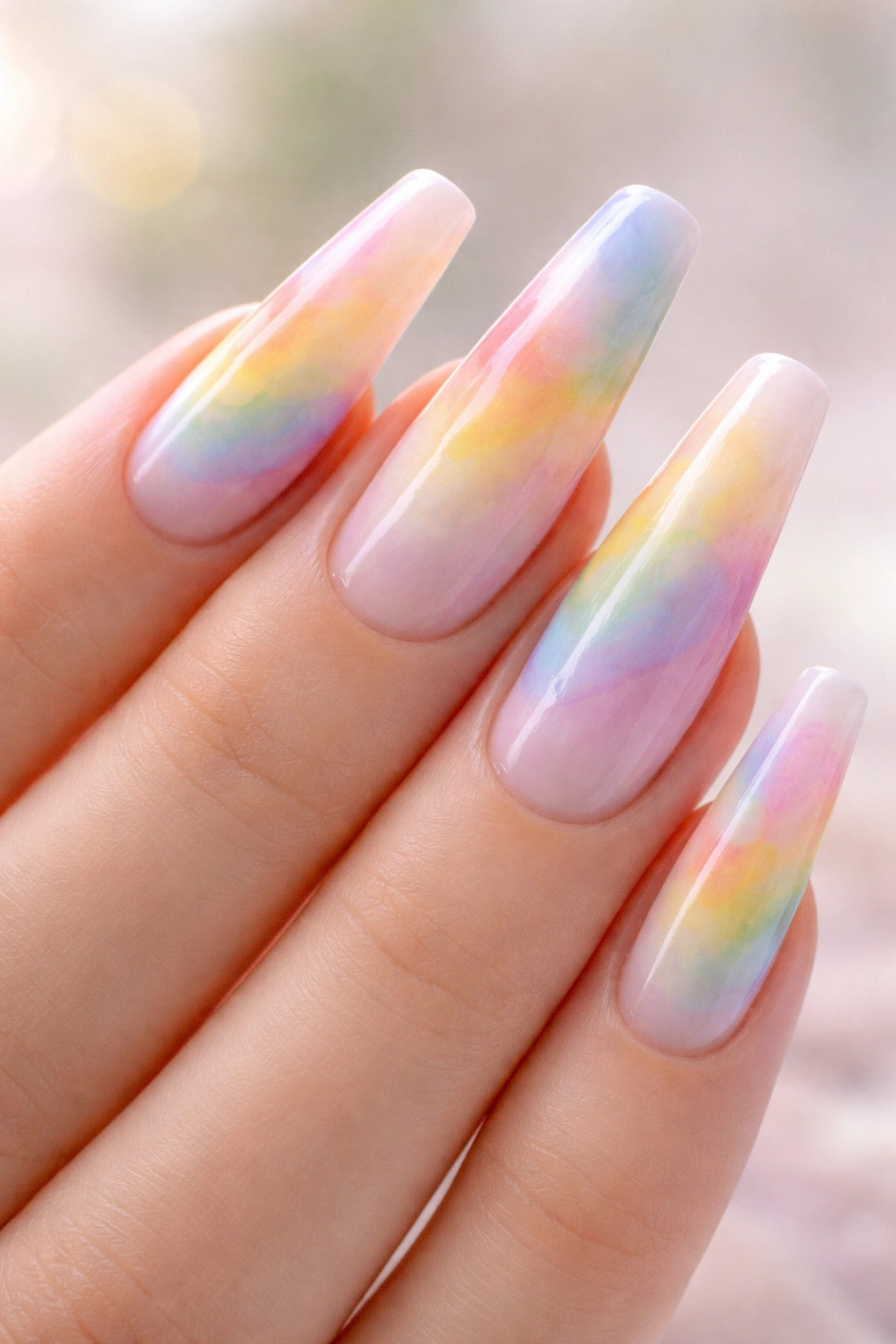 Close-up of watercolor rainbow design on pale base duck nails