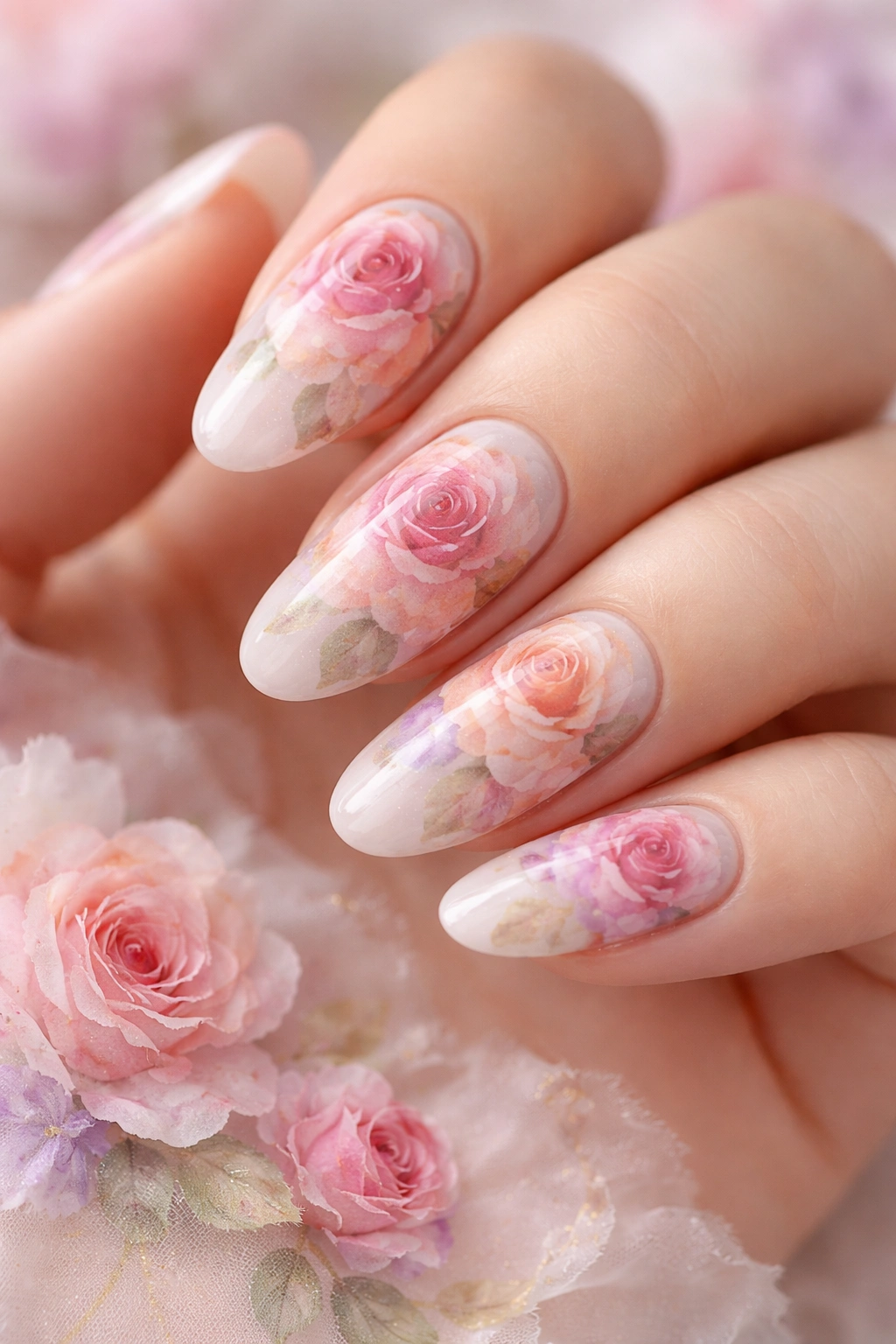 Watercolor rose manicure with soft blended petals on a pale base