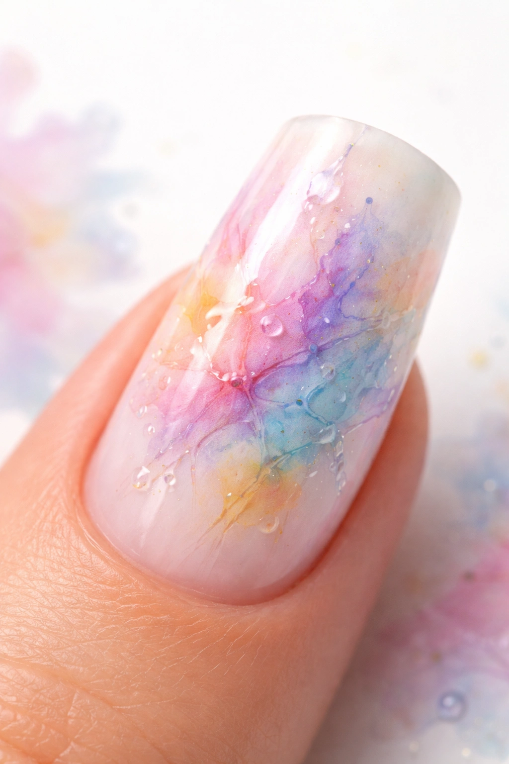 Duck nail with watercolor splash effect in pastel colors