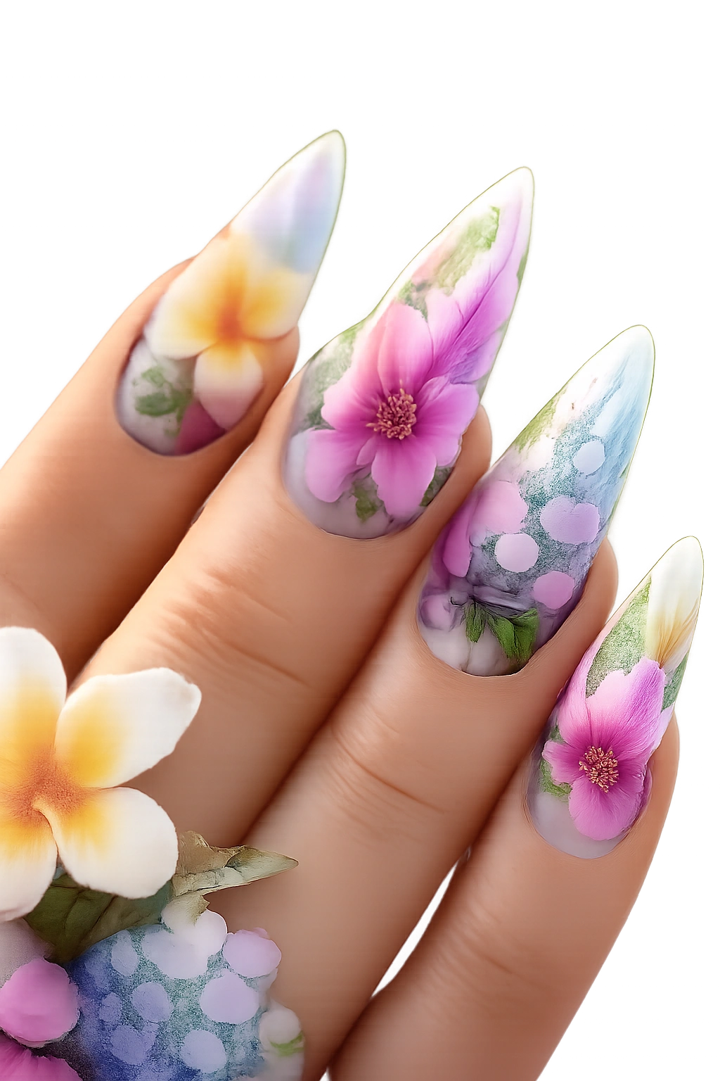 Watercolor tropical flowers on a stiletto nail