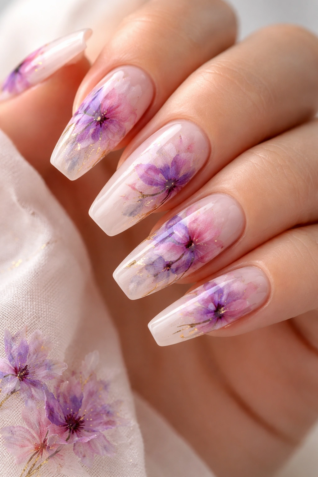Close-up of watercolor wildflower nails on medium coffin shape