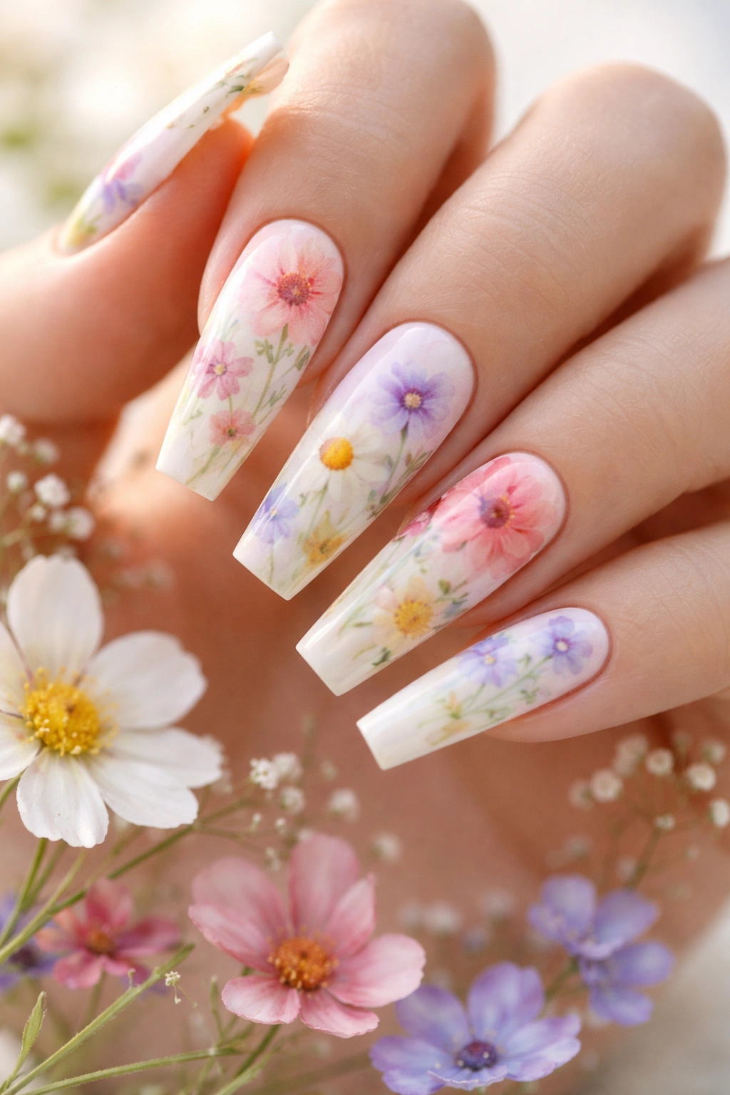 Nails with watercolor-style wildflower wash on pale base