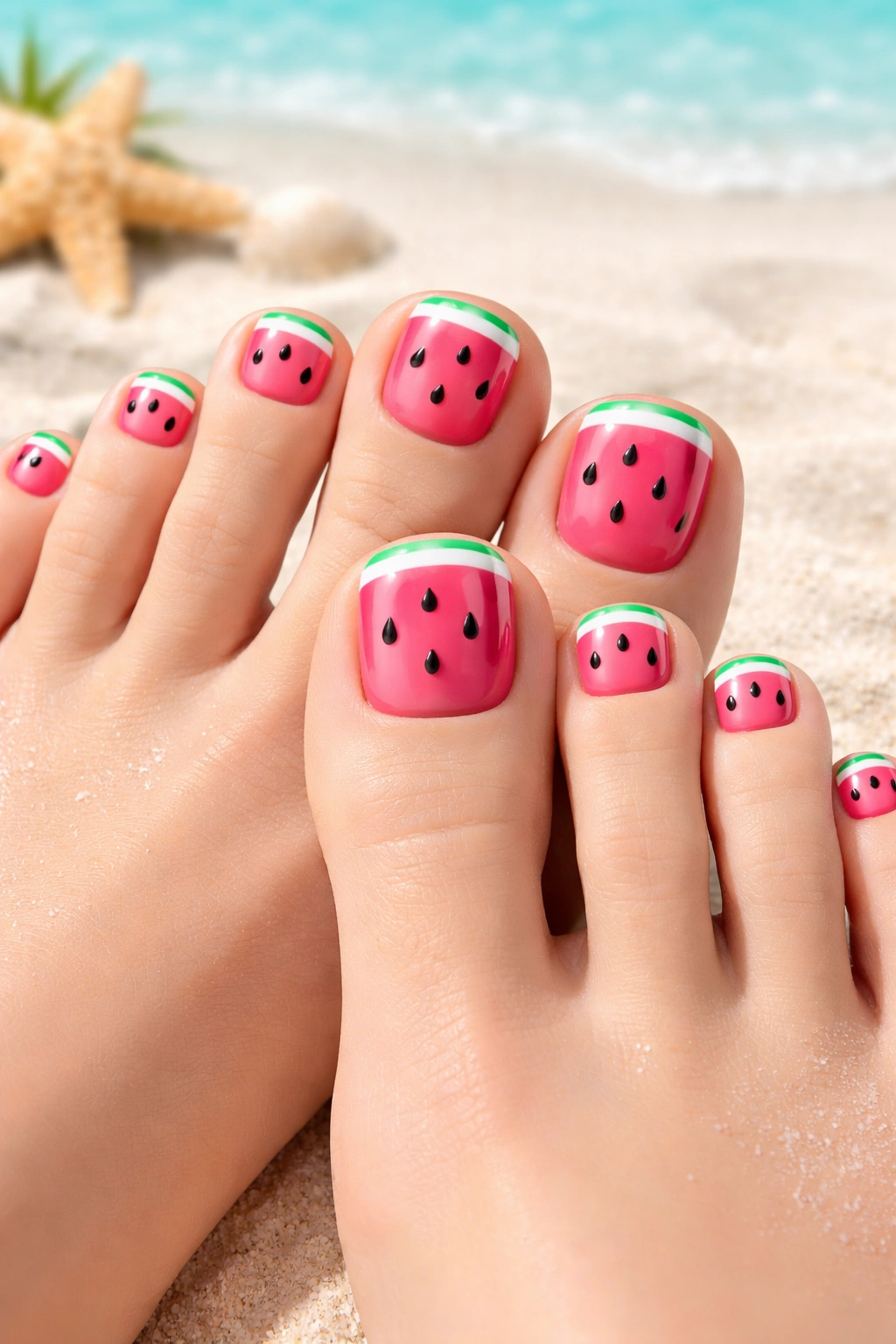 Watermelon-inspired toenails with pink base, white rind line, and green outline