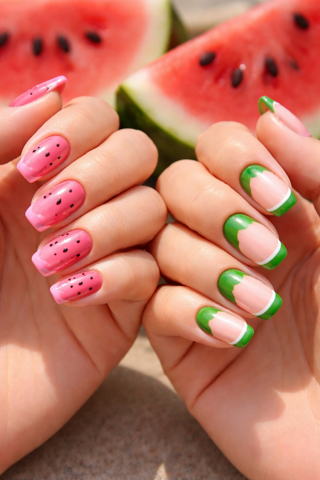 Two hands with watermelon slice nails: pink flesh with seeds and green rind with white line.