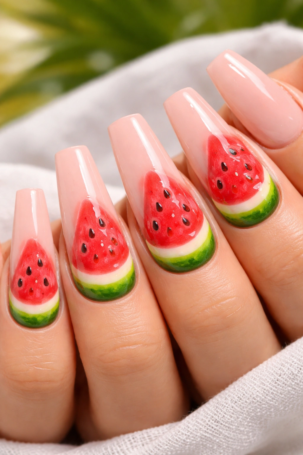 Watermelon slice nail art on coffin nails