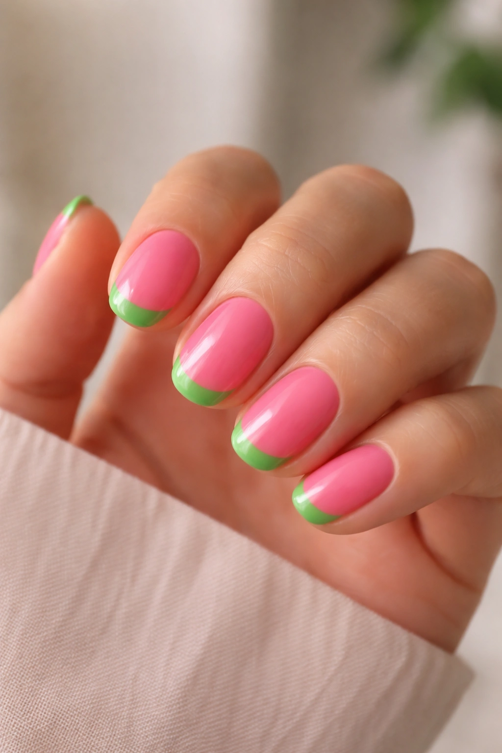 Close-up of watermelon pink nails with green French tips on short oval nails