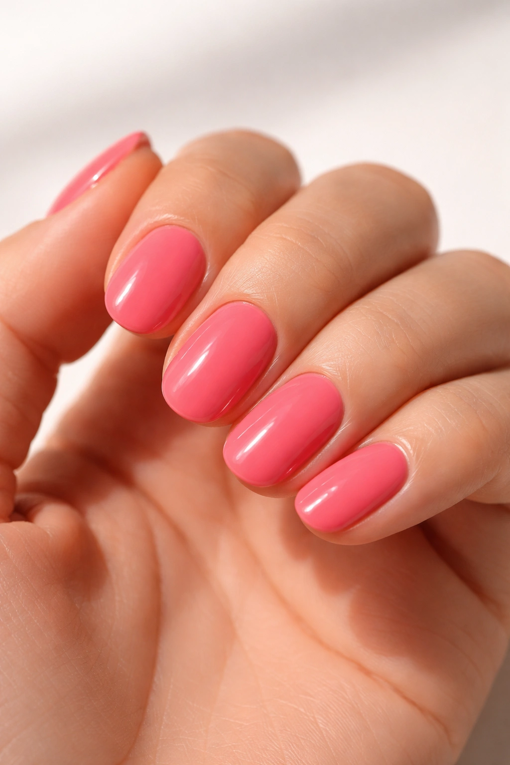 Close-up of short oval nails in watermelon pink with a juicy fresh hue