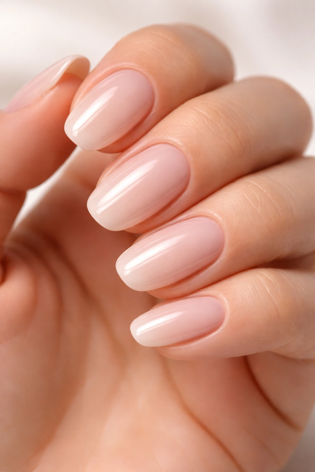 Pristine gel manicure on a hand showing long wear and shine