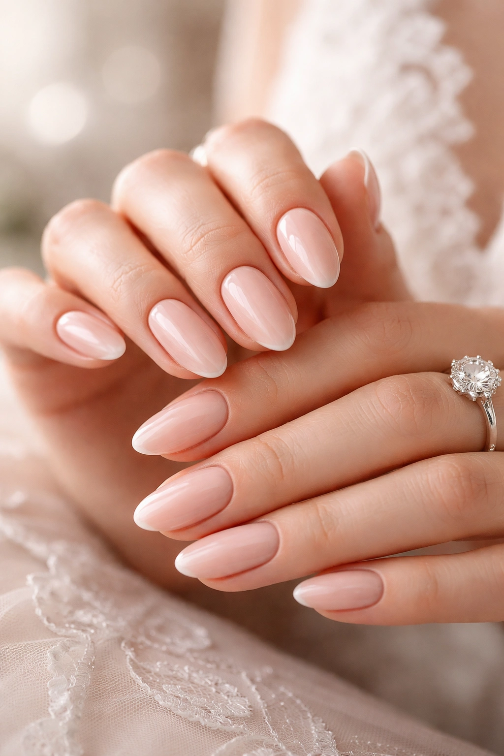 Close-up of bride's nude gel nails with glossy finish and well-groomed cuticles