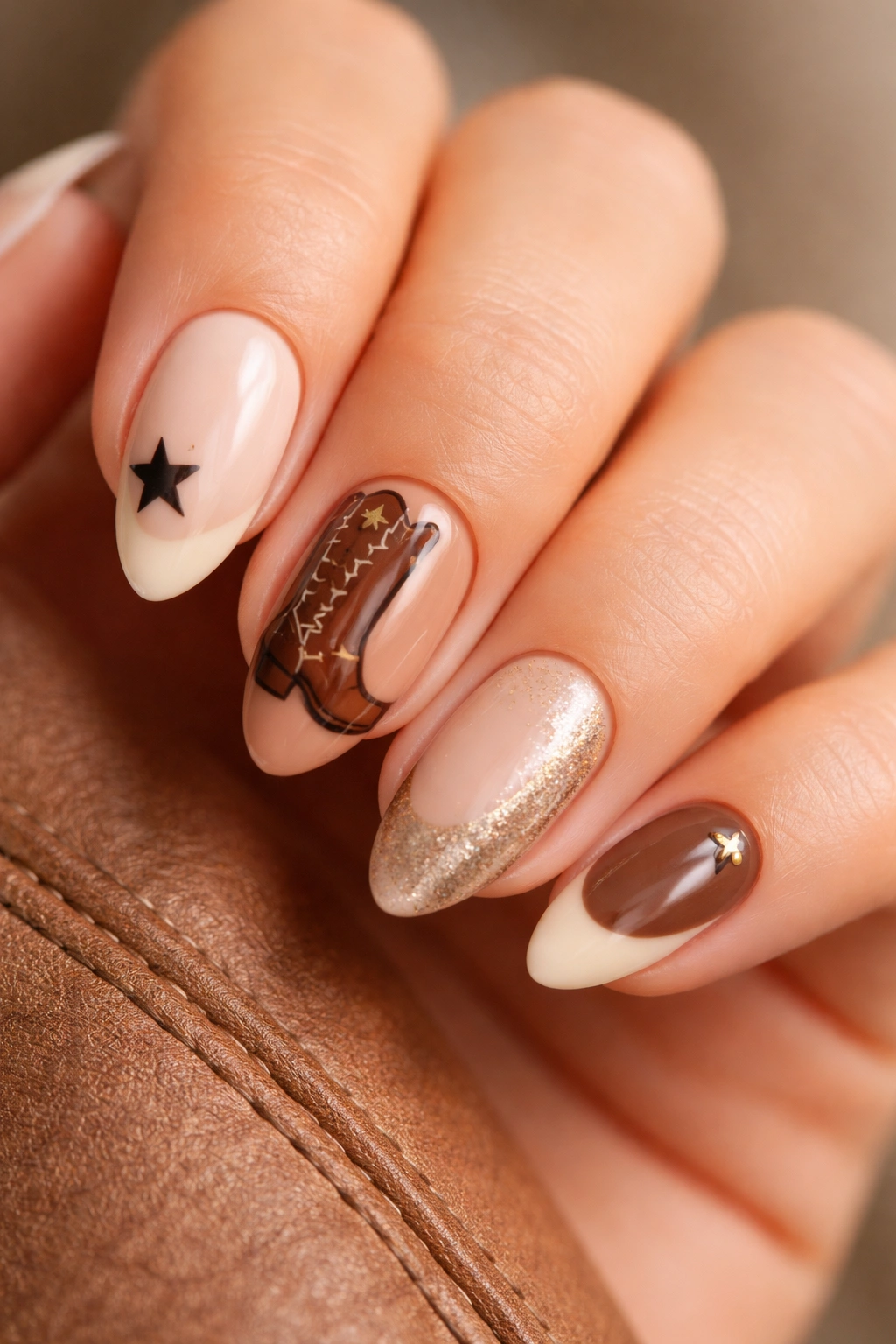 Close-up of short almond nails with star, boot, and leather-tone tip motifs