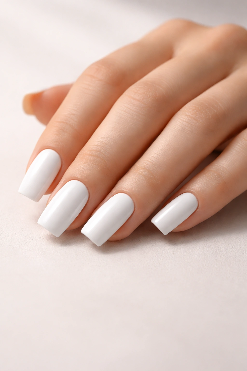Close-up of a hand showcasing white soft square acrylic nails on a neutral surface