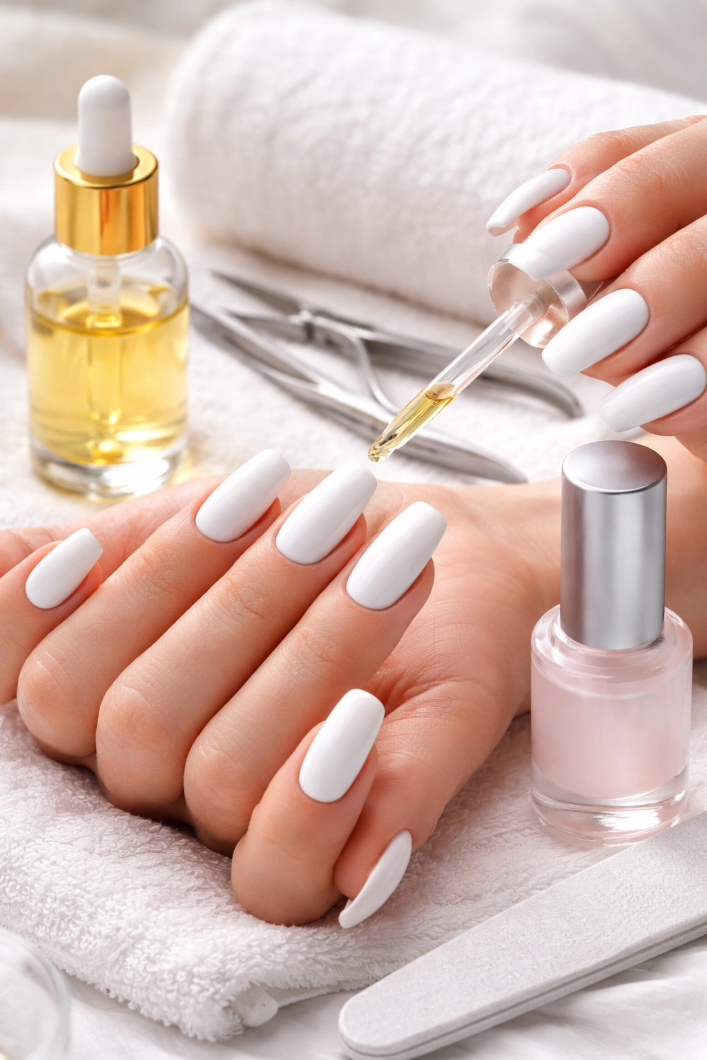 Hands applying cuticle oil to white acrylic nails
