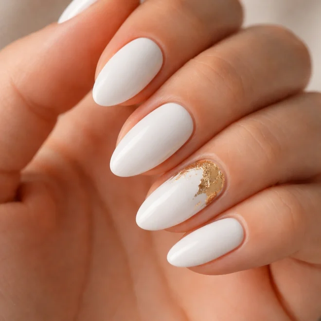 20 Short White Almond Nails With Bold Accents