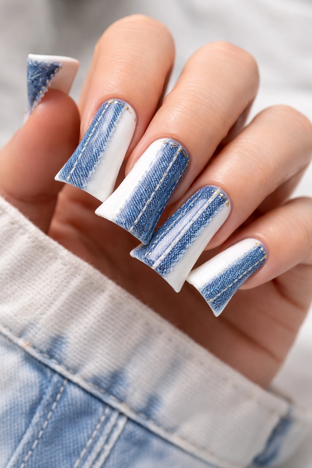 Duck nails with white base and blue denim details
