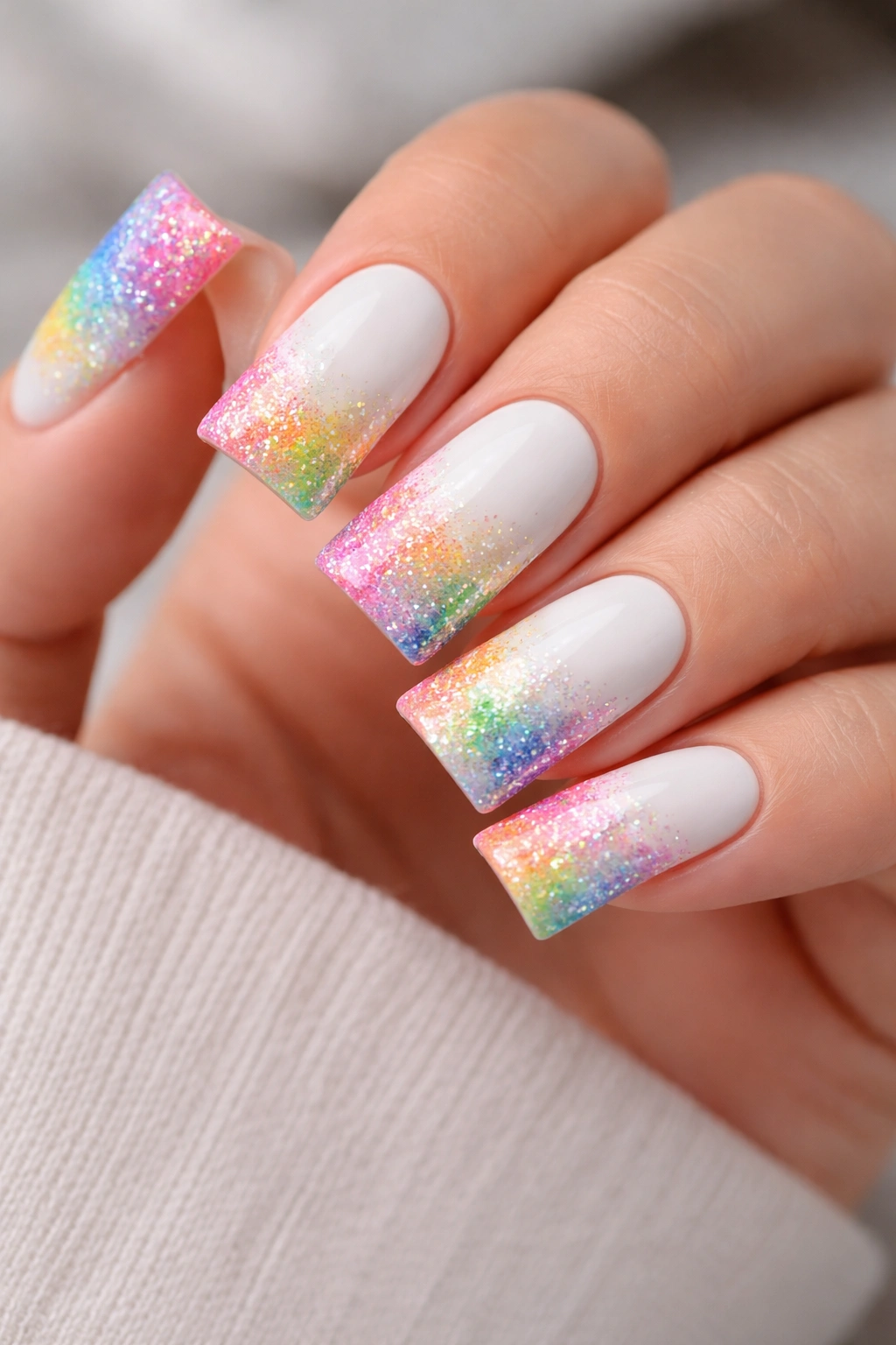 Close-up of duck nails with white base and rainbow glitter gradient on tips