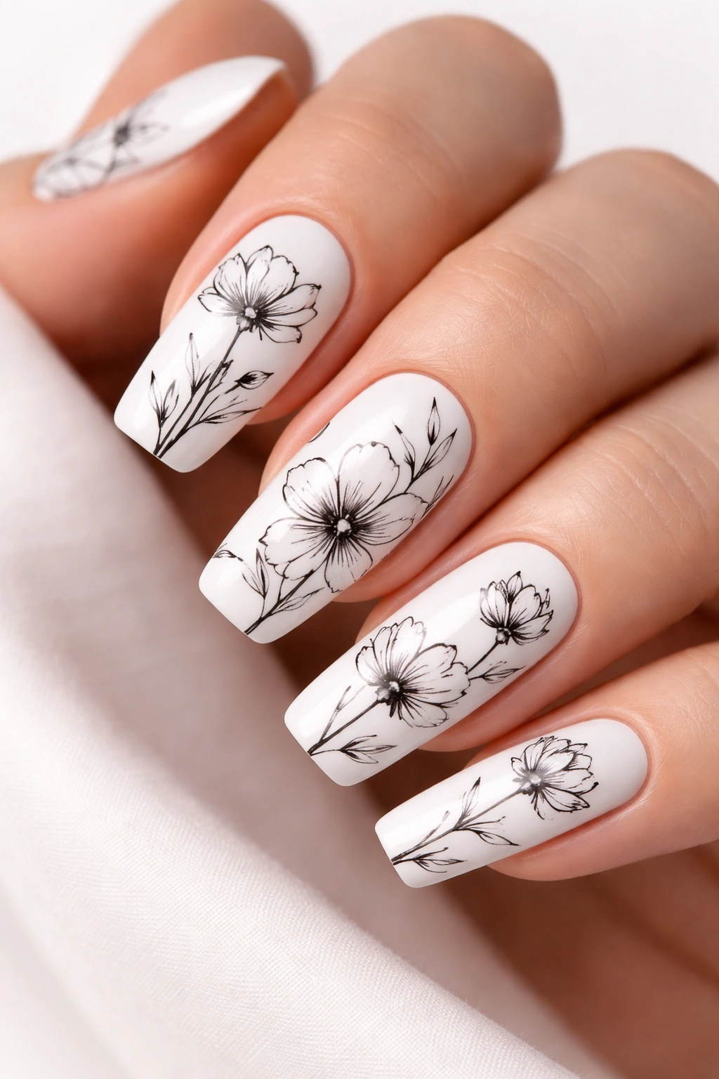 Nails with white base and black ink floral design