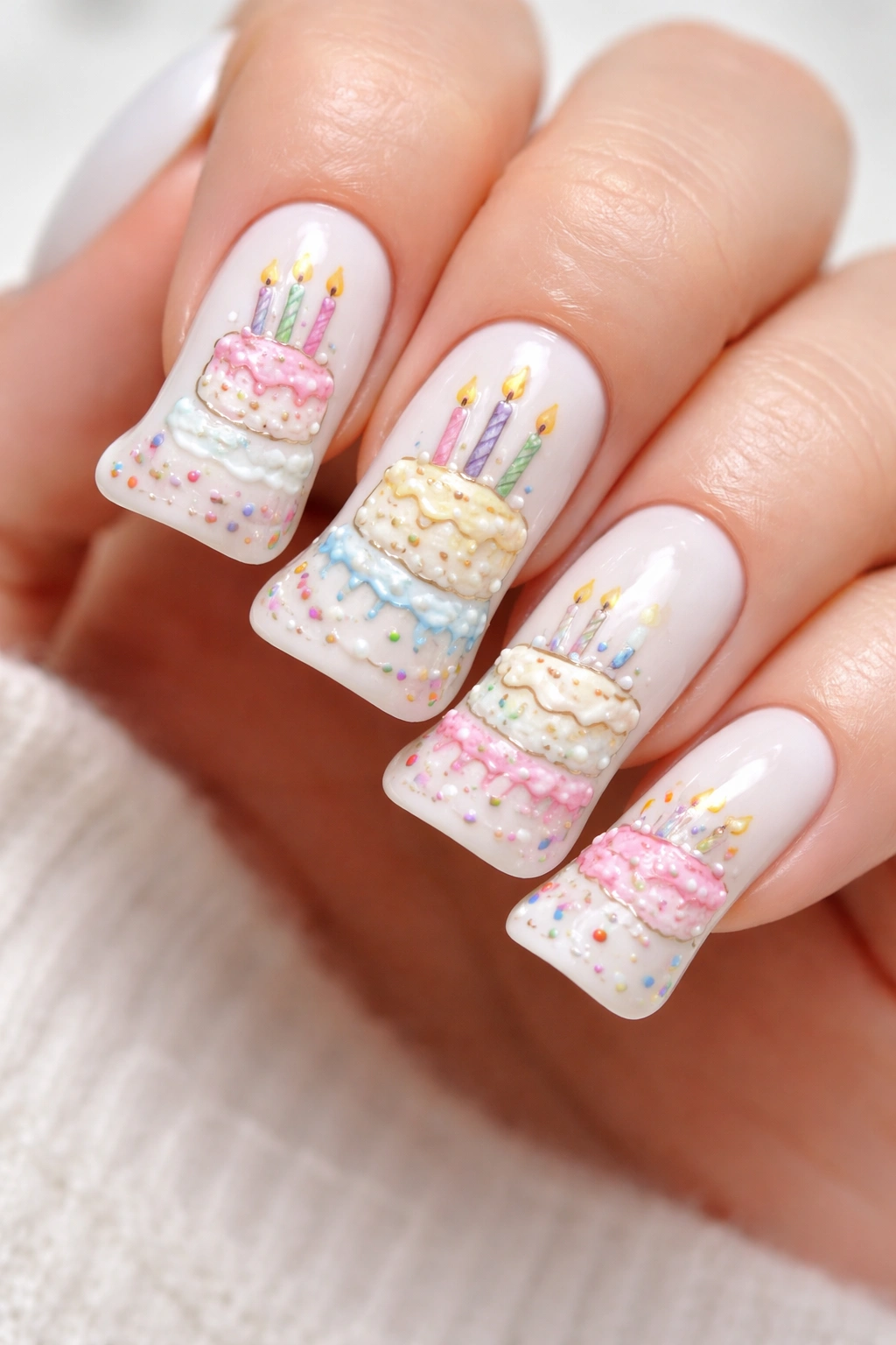 Close-up of white base nails with hand-drawn birthday cake tiers across nails