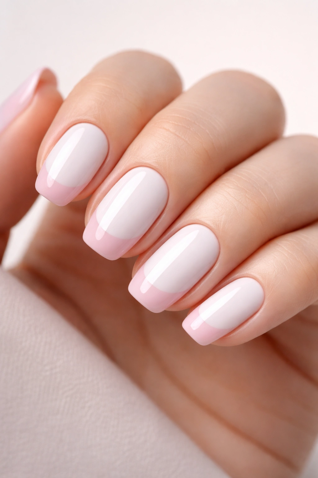 Close-up of nails with white base and pink tips in inverted French manicure