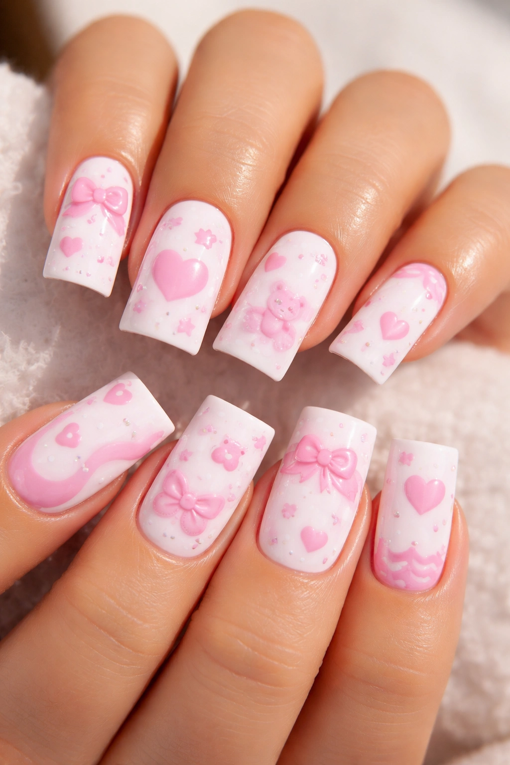 Close-up of white duck nails with pink stickers applied on a clean surface