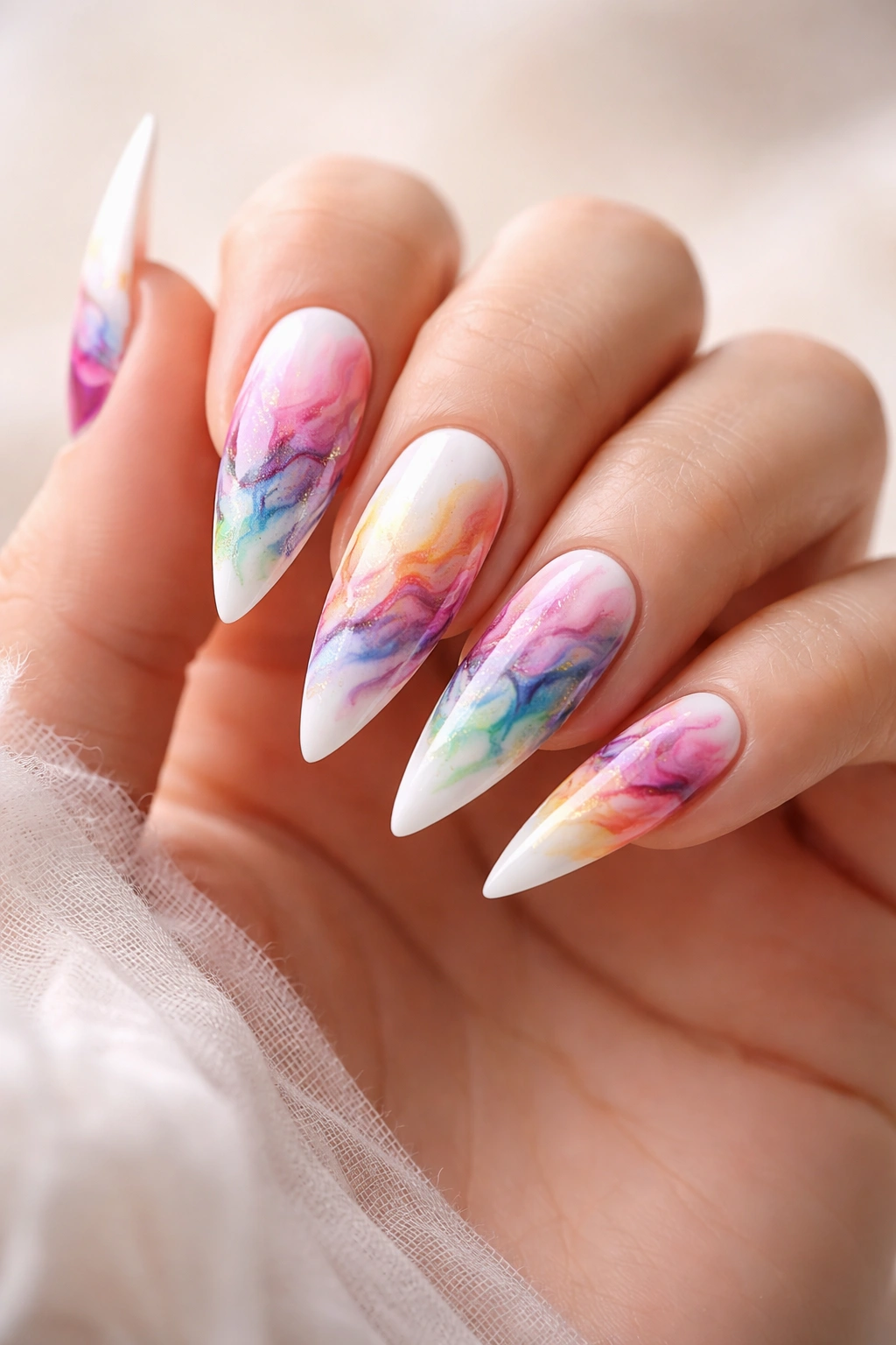 White-based stiletto nails with colorful watercolor swirls.
