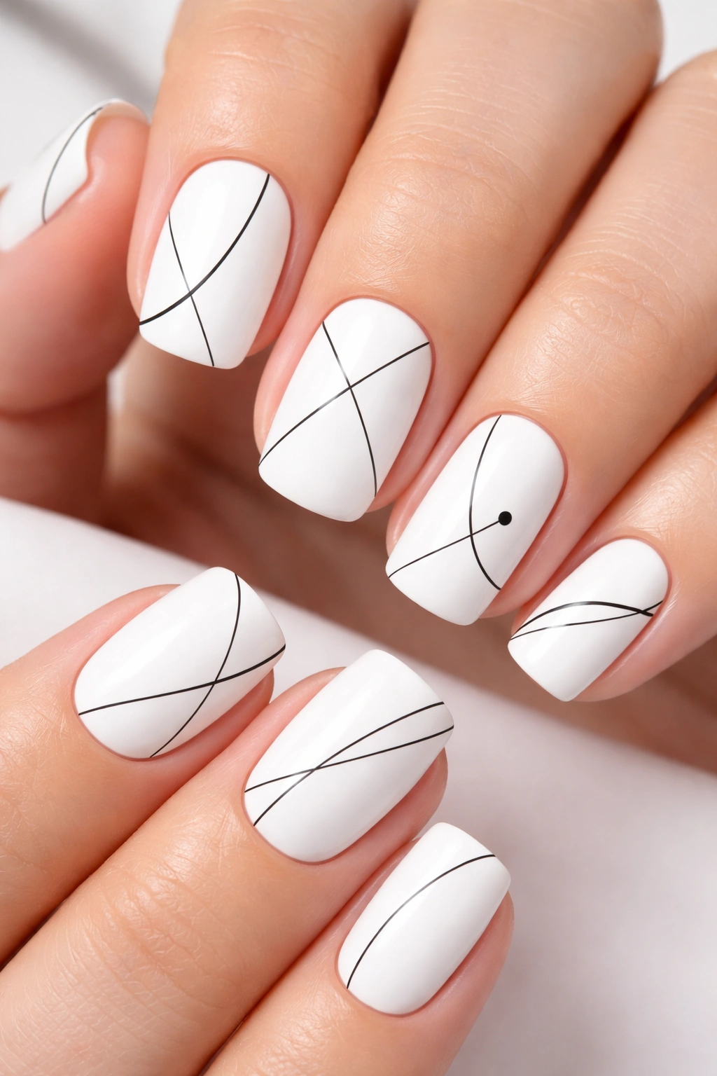Close-up of white nails with thin black minimalist line art