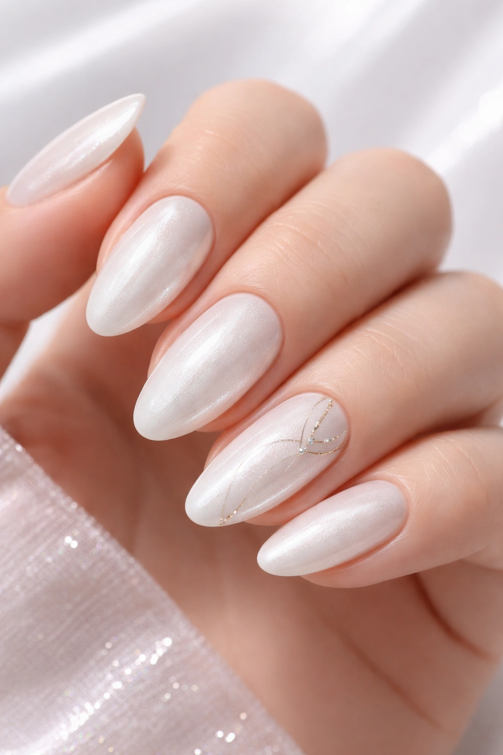 Close-up of white cat eye nails with minimalist line art on accent nail