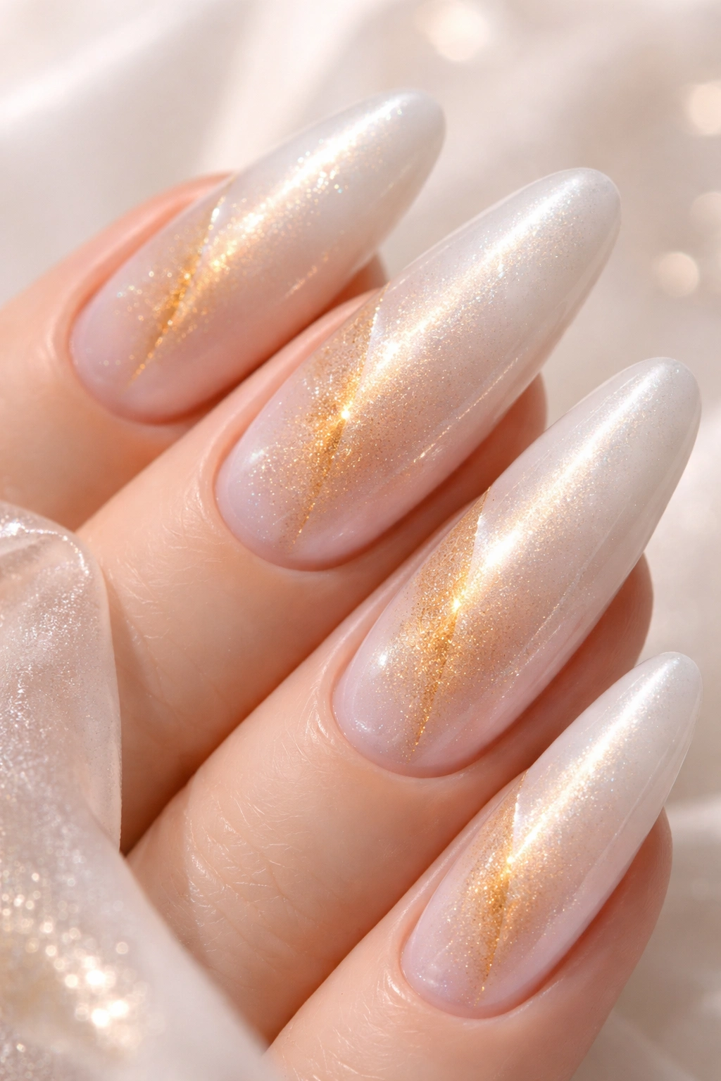 White cat eye nails with gold magnetic accents and warm glow