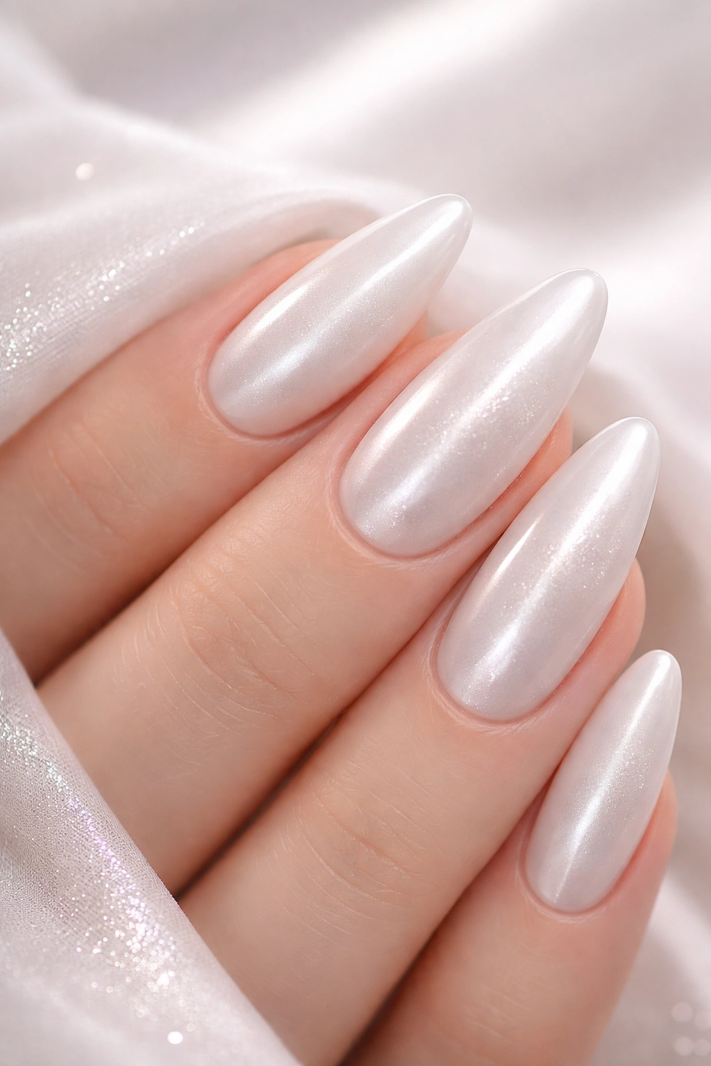 Close-up of white cat-eye nails with pearl-like magnet stripe