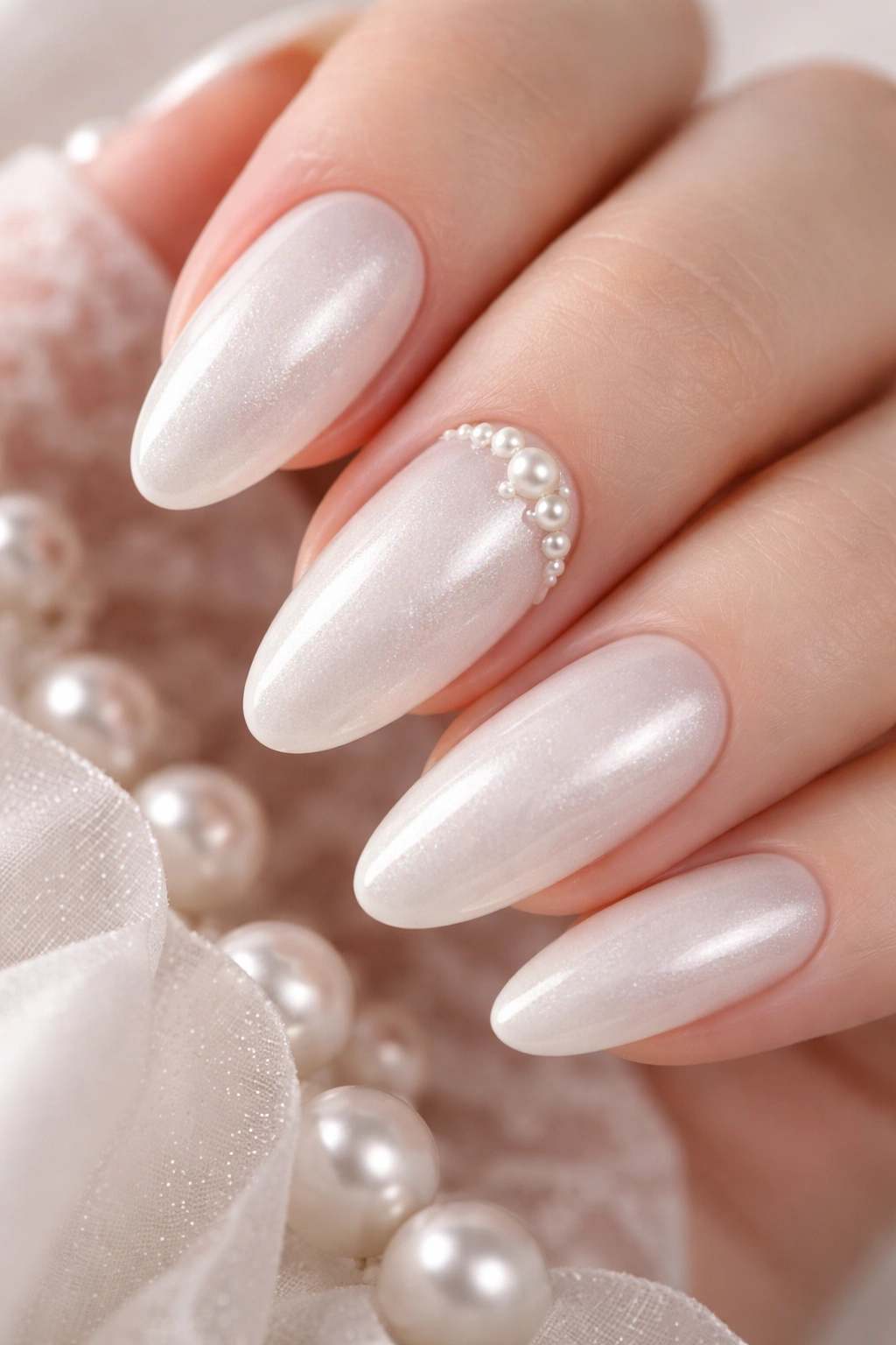 Close-up of white cat eye nails with delicate pearl accents on a neutral background