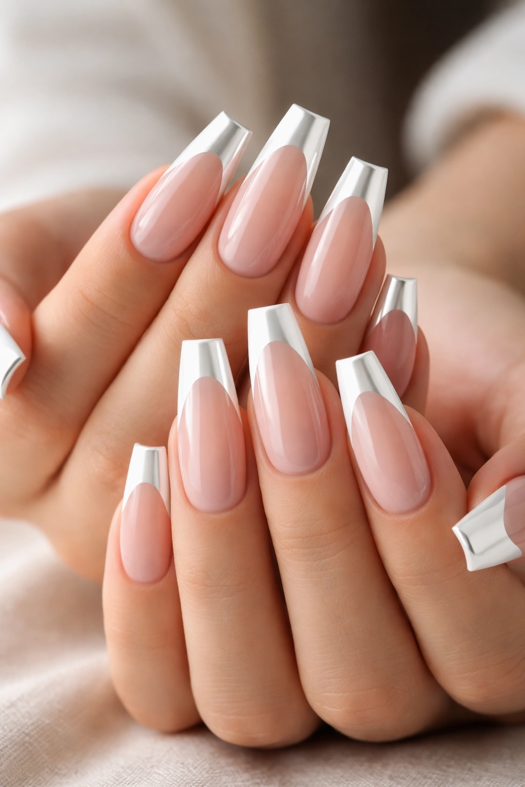 White chrome french tips on nude base with crisp edges
