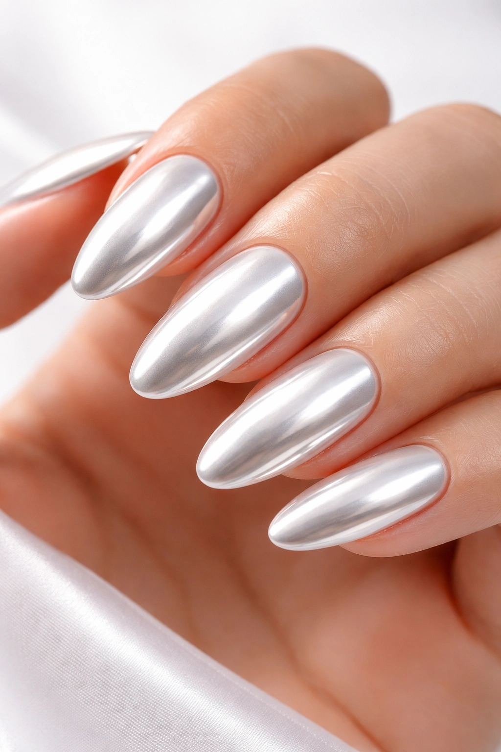 Close-up of nails with white chrome reflective finish