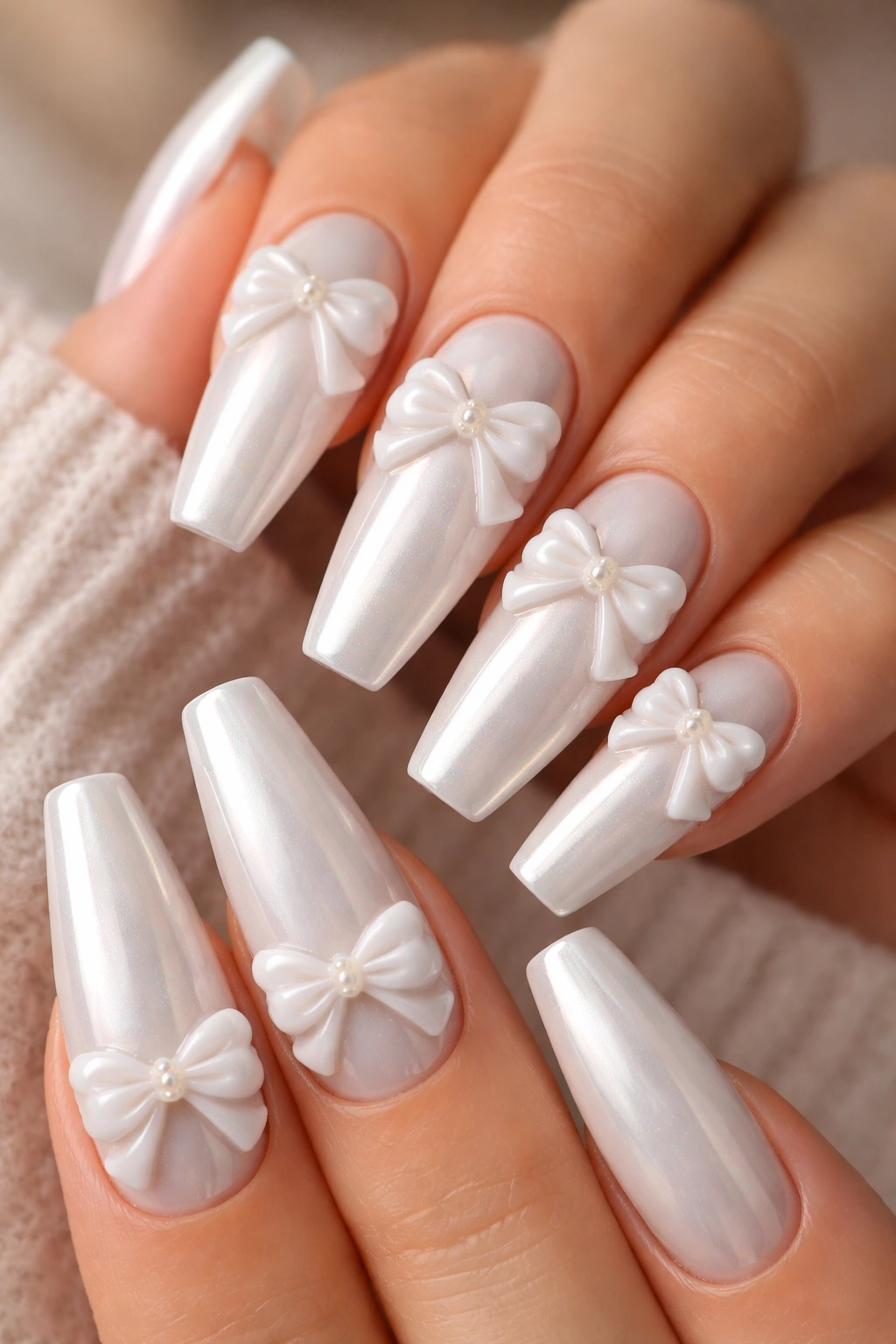 Close-up of white chrome ballerina nails with raised gel bows