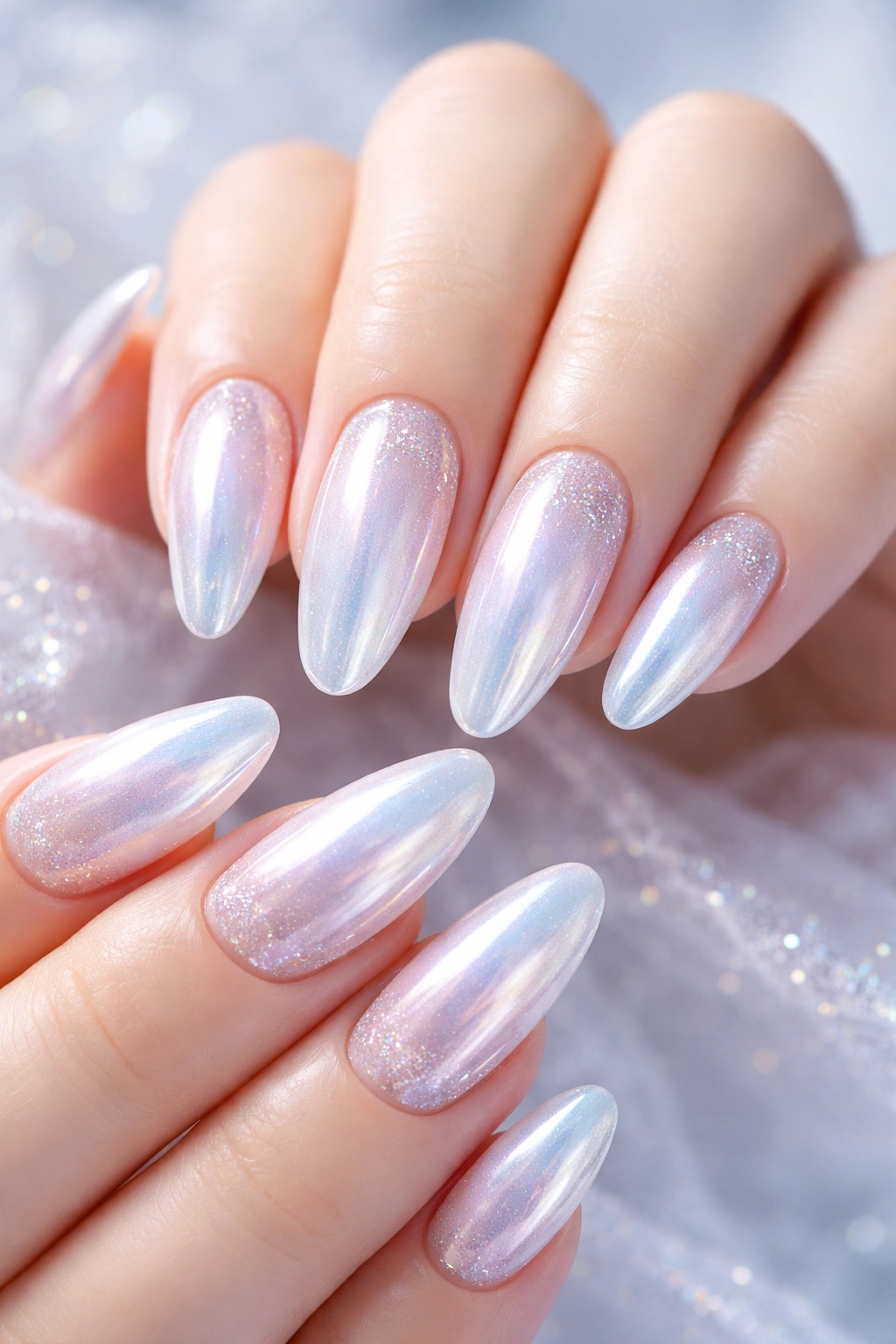 Close-up of hands with white chrome nails and frosted base showing iridescent shine.