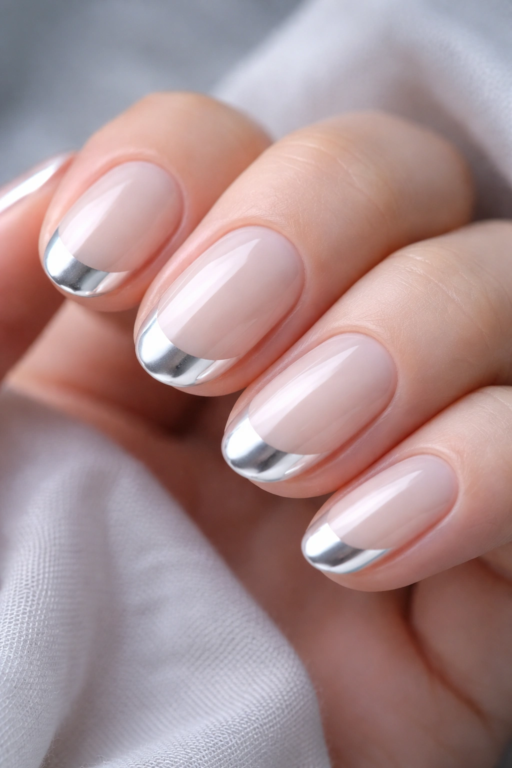 Close-up of short oval nails with white chrome tips on milky base